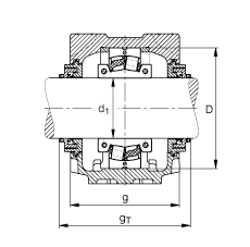 FAG直立式軸承座 SNV150-L + 222S.215 + TCV517, 根據(jù) DIN 736/DIN737 標(biāo)準(zhǔn)的主要尺寸，剖分的調(diào)心滾子軸承，Taconite 密封，脂和油潤(rùn)滑