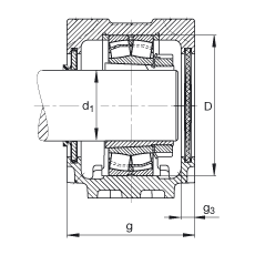 FAG直立式軸承座 SNV110-L + 22310-E1-K + H2310X110 + DHV610X110, 根據(jù) DIN 736/DIN737 標(biāo)準(zhǔn)的主要尺寸，剖分，帶錐孔和緊定套的調(diào)心滾子軸承，V 型圈密封，脂和油潤滑